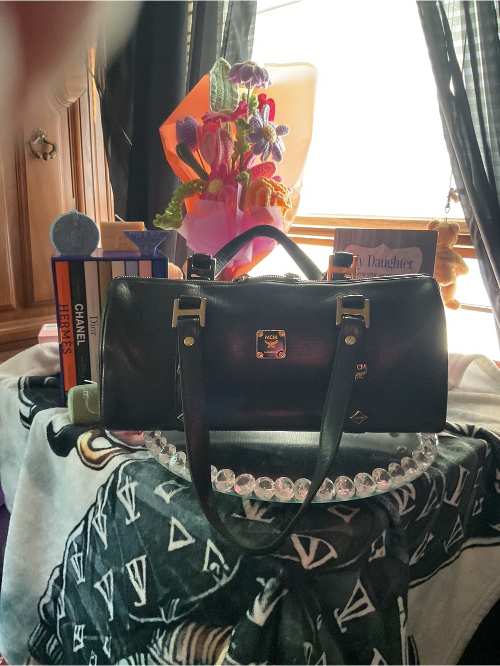 MCM Black Leather Barrel Satchel with Gold Hardware